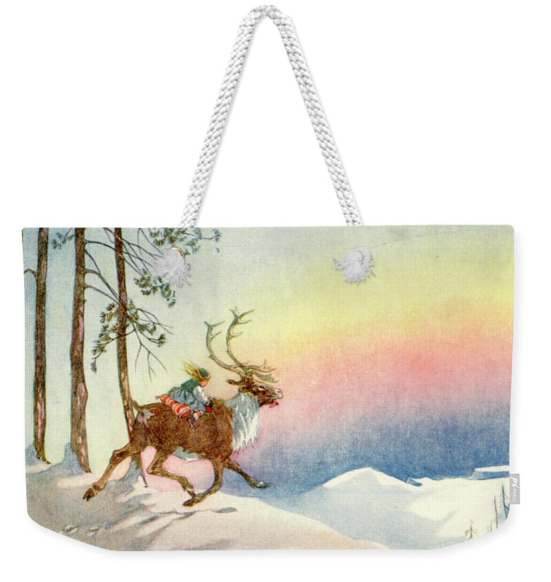 Fairy Tales Weekender Tote Bag featuring the mixed media The Snow Queen, illustration from by Honor C Appleton