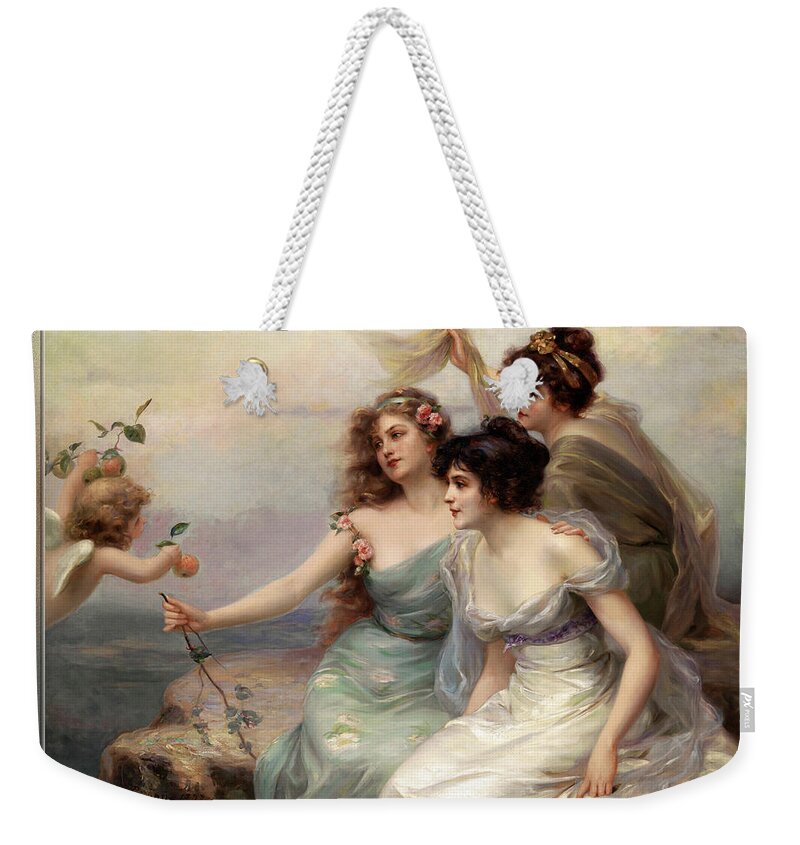 The Three Graces Weekender Tote Bag featuring the painting The Three Graces Die drei Grazien by Edouard Bisson by Rolando Burbon