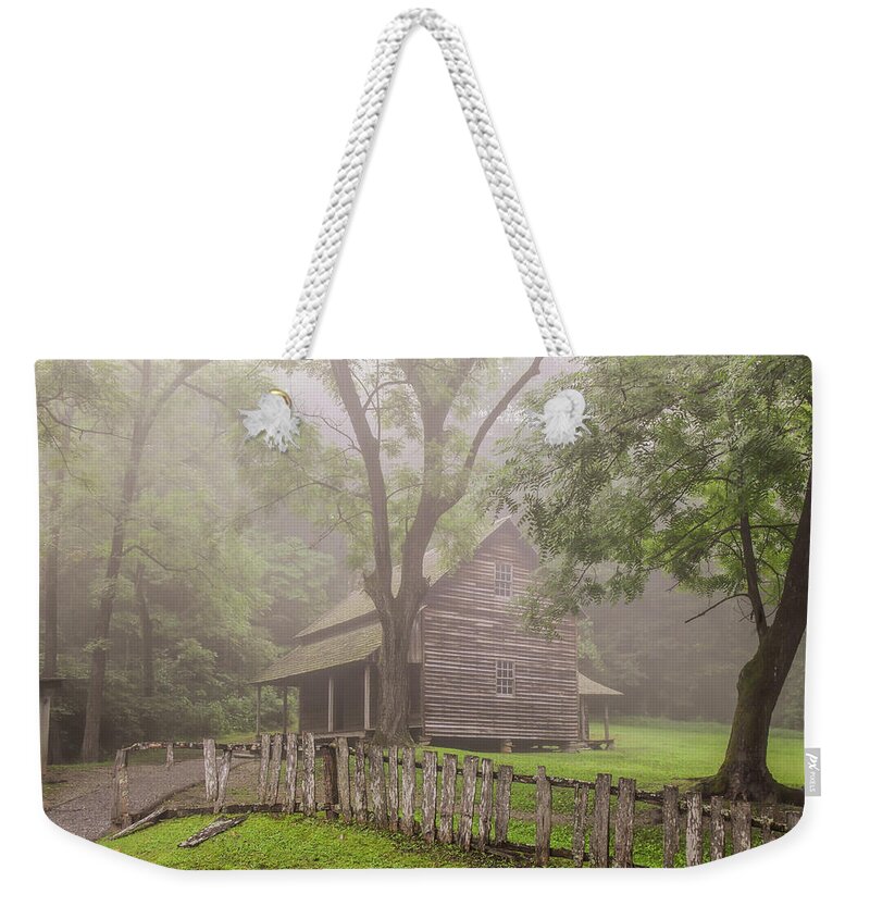 Cades Cove Weekender Tote Bag featuring the photograph The Tipton Place on a Foggy Morning by Marcy Wielfaert