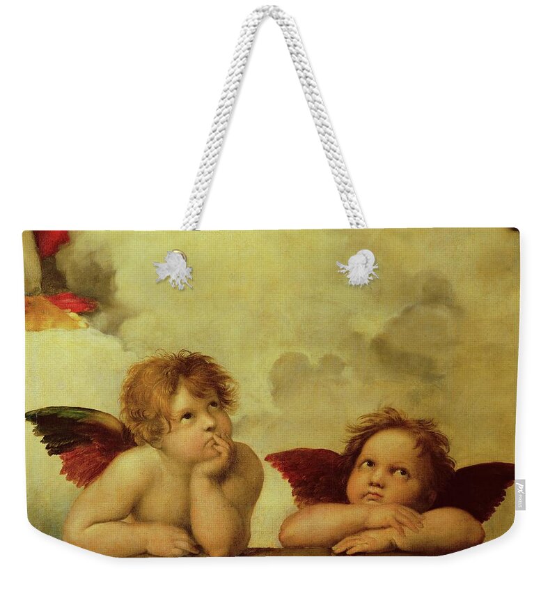 Raphael Weekender Tote Bag featuring the painting The two angels. Detail of the Madonna Sistina -40-07-06/22-. by Raphael -1483-1520-