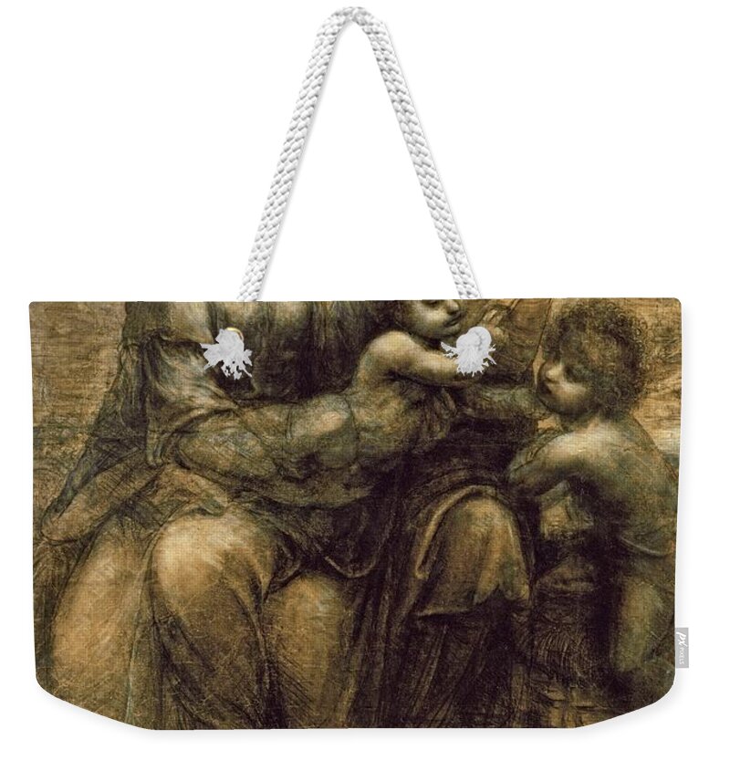 Child Jesus Weekender Tote Bag featuring the painting 'The Virgin and Child with Saint Anne and Saint John the Baptist', c. 1490. by Leonardo da Vinci -1452-1519-