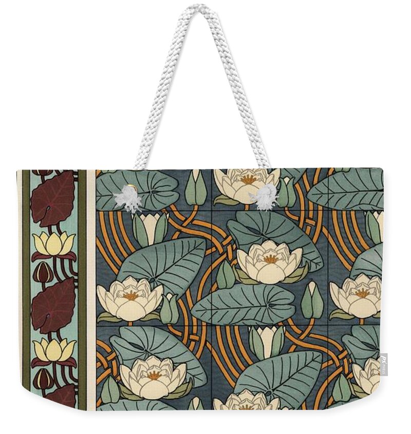 1841-1917 Weekender Tote Bag featuring the drawing The water lily, Nelumbo lutea, in wallpaper and tile patterns. Lithograph by Verneuil. by Album