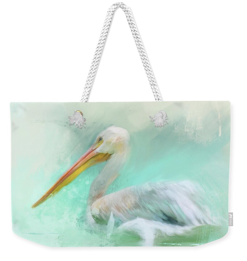 Colorful Weekender Tote Bag featuring the painting The White Pelican by Jai Johnson