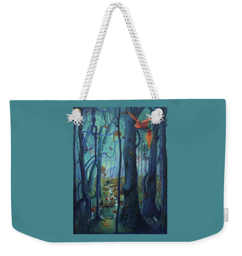 Firebird Weekender Tote Bag featuring the painting The World Between the Trees by Lynn Bywaters