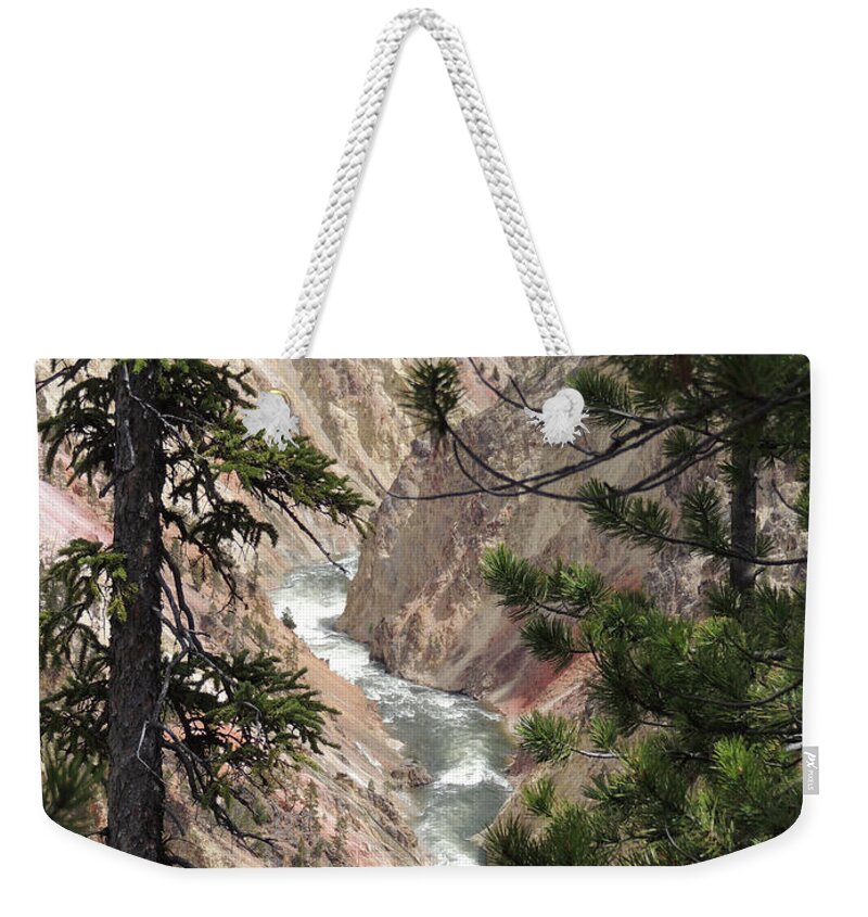 River Weekender Tote Bag featuring the digital art The Yellowstone River Seen through the Pines by Jayne Wilson