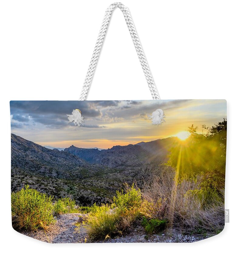 Thimble Weekender Tote Bag featuring the photograph Thimble Peak Vista Sun, Tucson, Arizona by Chance Kafka