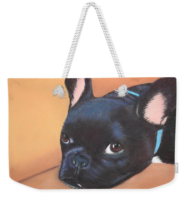 Dog Weekender Tote Bag featuring the pastel This Is Max by Carol Corliss