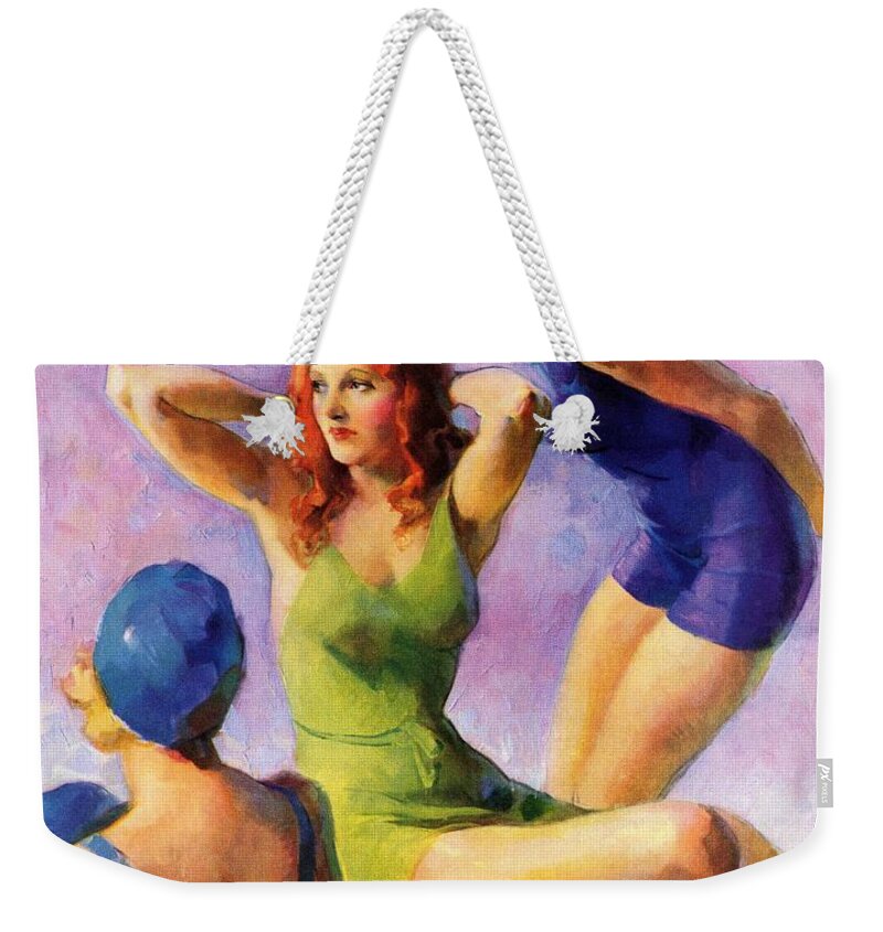 Sunbathing Weekender Tote Bag featuring the drawing Three Bathing Beauties by John Lagatta