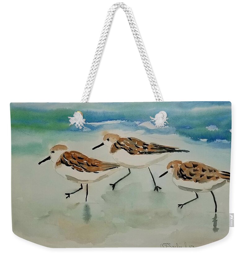 Plovers Weekender Tote Bag featuring the painting Three birds at the beach by Ann Frederick