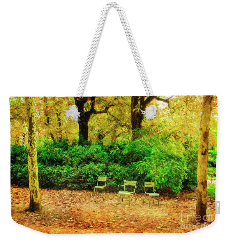 Tranquility Weekender Tote Bag featuring the photograph Three Chairs of Luxenburg Gardens by Craig J Satterlee
