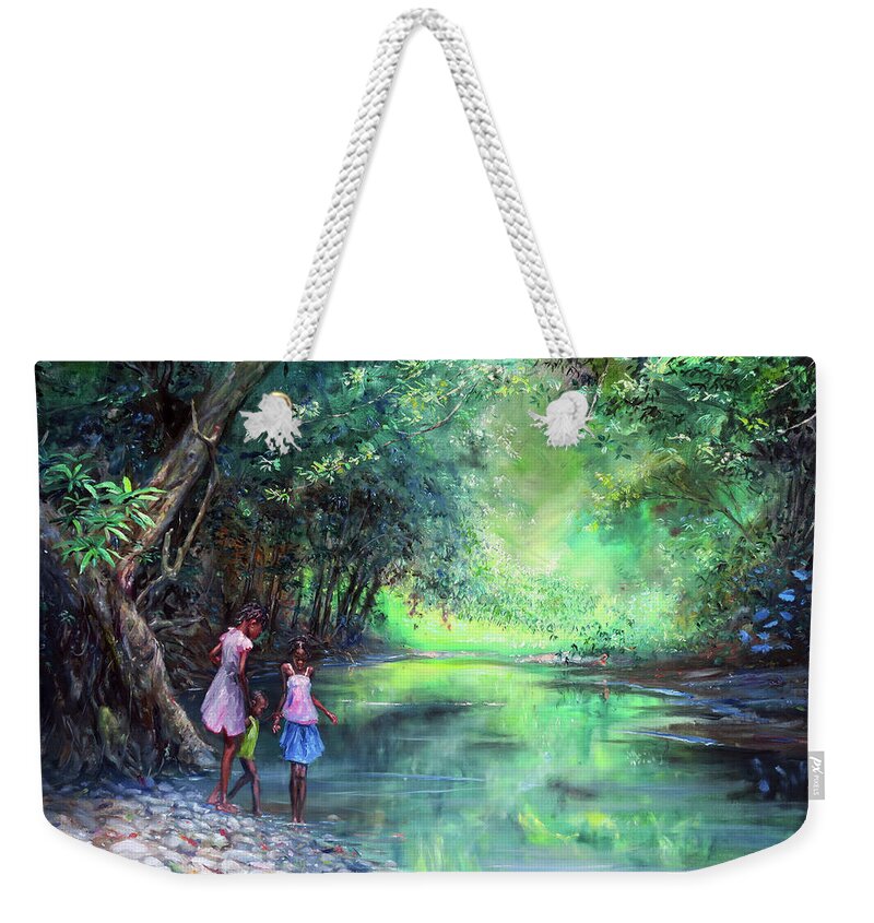 Caribbean Art Weekender Tote Bag featuring the painting Three Children by the River by Jonathan Gladding