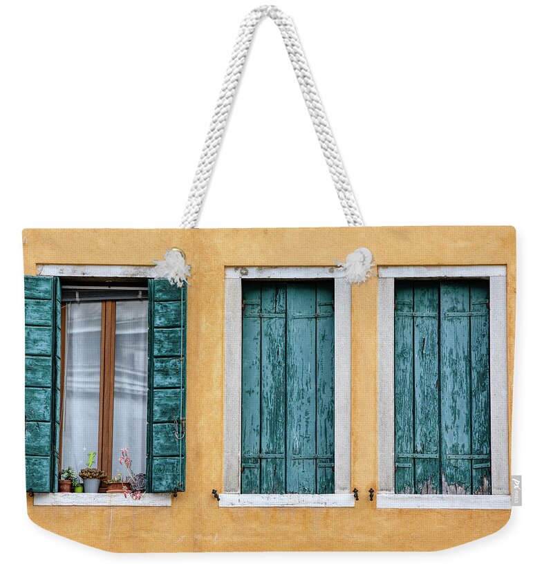 Venice Weekender Tote Bag featuring the photograph Three Green Windows of Venice by David Letts