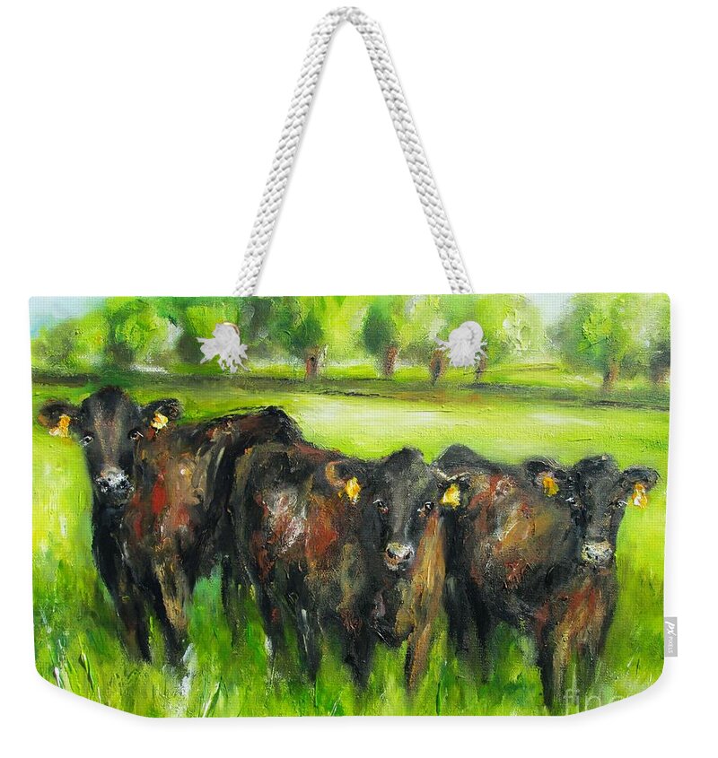 Bovine Art Weekender Tote Bag featuring the painting Painting of three irish cows by Mary Cahalan Lee - aka PIXI