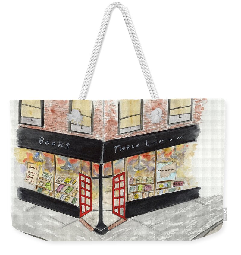 Three Lives Bookshop Weekender Tote Bag featuring the painting Three Lives and Company Bookshop by Afinelyne