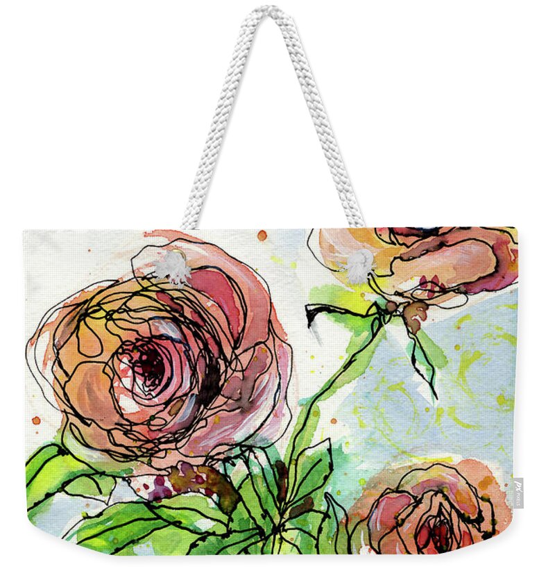 Watercolor Weekender Tote Bag featuring the painting Three Roses by AnneMarie Welsh