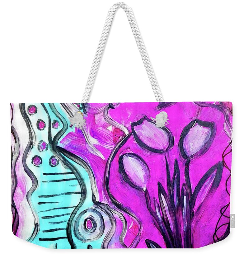 Moon Weekender Tote Bag featuring the painting Three Tulips under the Moon by Mimulux Patricia No