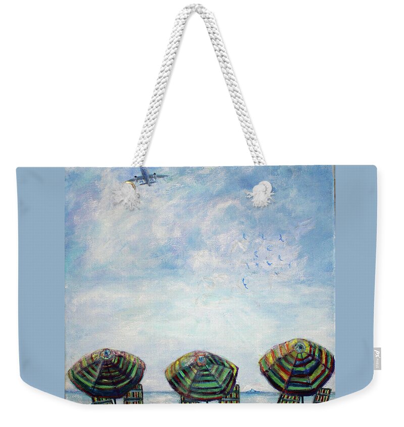 Landscape Weekender Tote Bag featuring the painting Three Umbrellas by Lyric Lucas