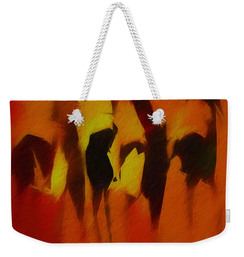 Horse Weekender Tote Bag featuring the digital art Three Wild at Sunrise by Terry Fiala