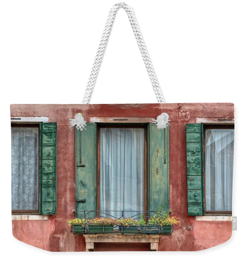 Venice Weekender Tote Bag featuring the photograph Three Windows with Green Shutters of Venice by David Letts