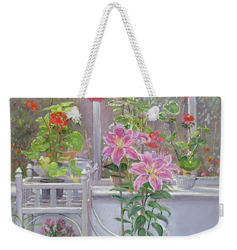 Glasshouse Weekender Tote Bag featuring the painting Through The Conservatory Window by Timothy Easton