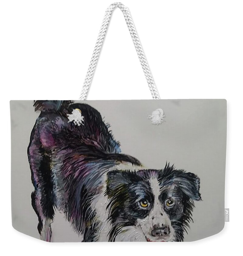 Border Collie Weekender Tote Bag featuring the painting Throw Something. Anything. by Mike Benton