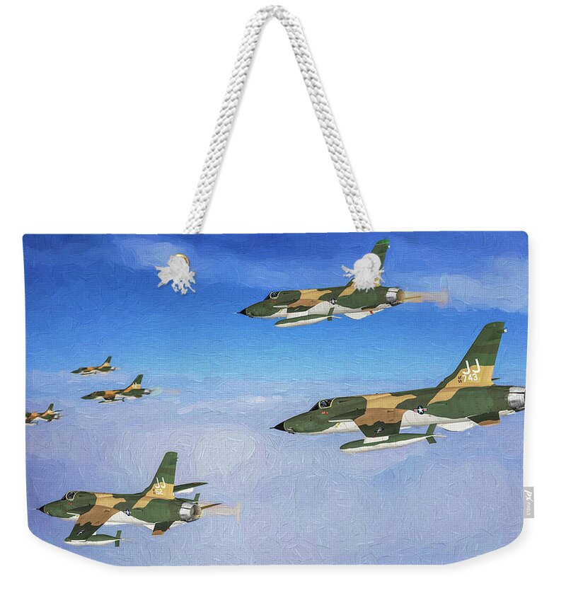 Republic F-105d Thunderchief Weekender Tote Bag featuring the digital art Thud Rolling Thunder Vietnam - Oil by Tommy Anderson