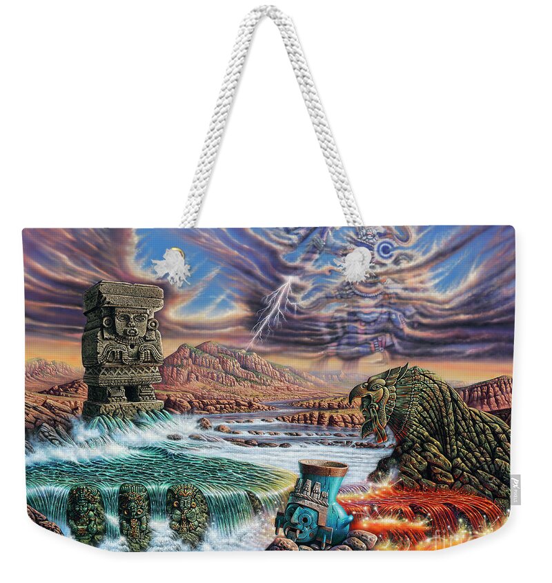Aztec Weekender Tote Bag featuring the painting Thundering Gods by Ricardo Chavez-Mendez