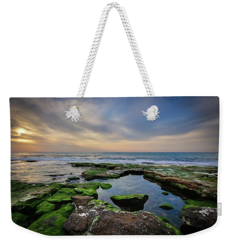 Tranquility Weekender Tote Bag featuring the photograph Tidal Pool On Rocky Beach At Sunset by Ilan Shacham