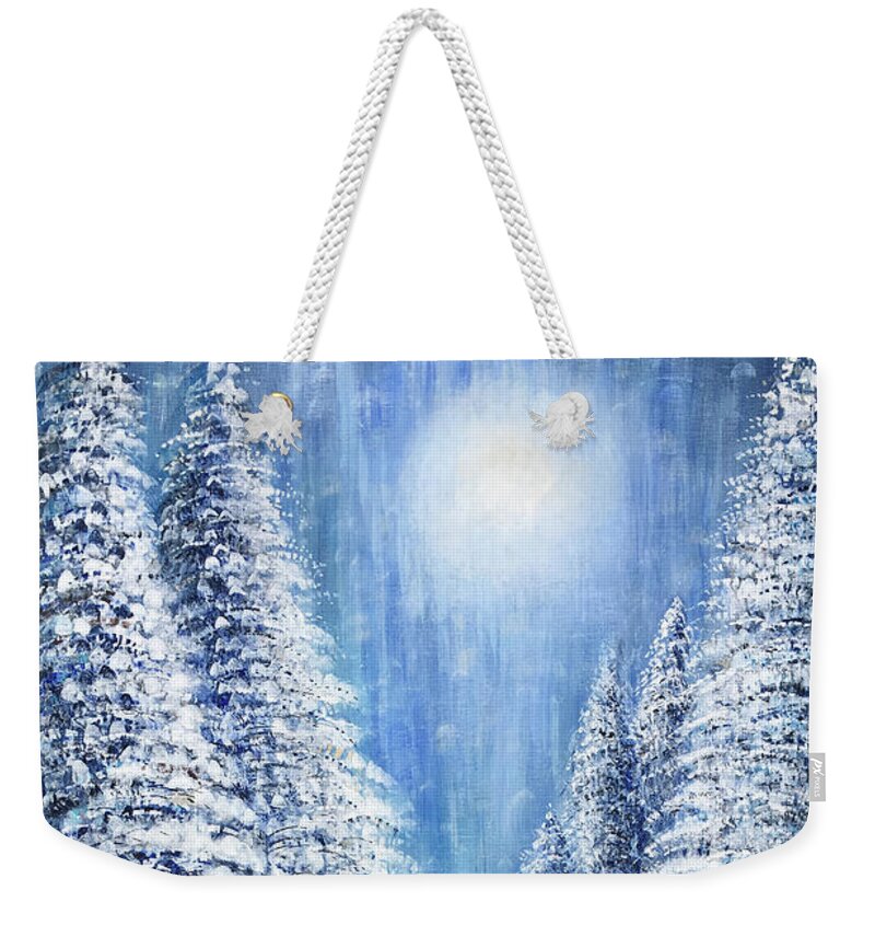 Winter Weekender Tote Bag featuring the painting Tim's Winter Forest 2 by Holly Carmichael