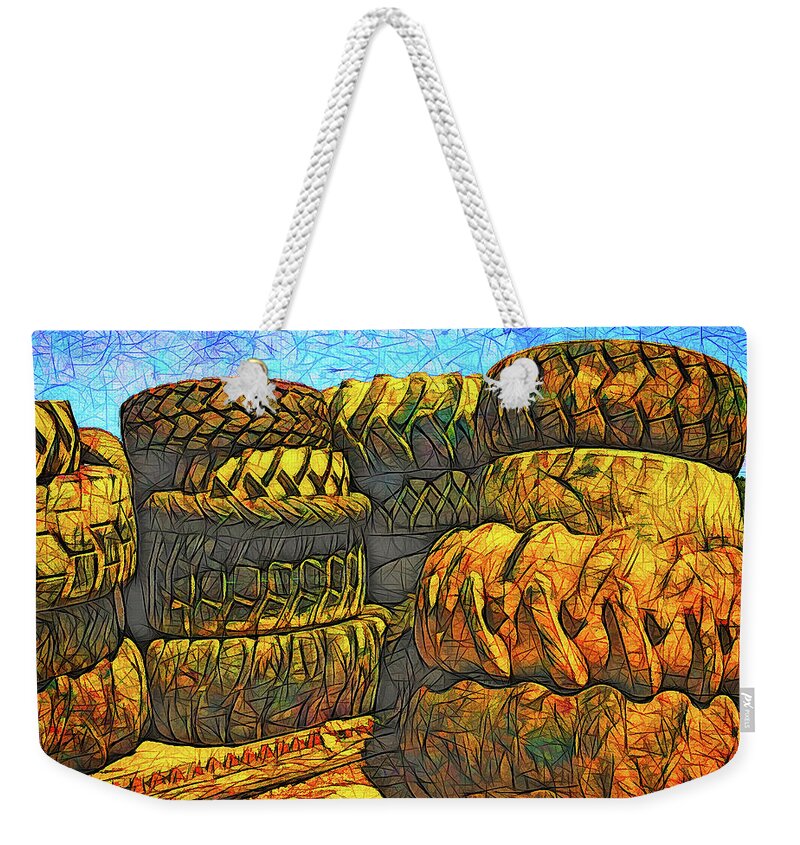 Tire Stacks Weekender Tote Bag featuring the photograph Tire Stacks by Bellesouth Studio
