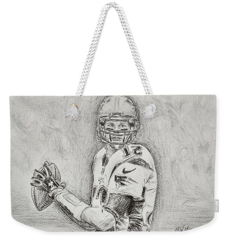 Tom Brady Weekender Tote Bag featuring the drawing Tom Brady by Michael Morgan