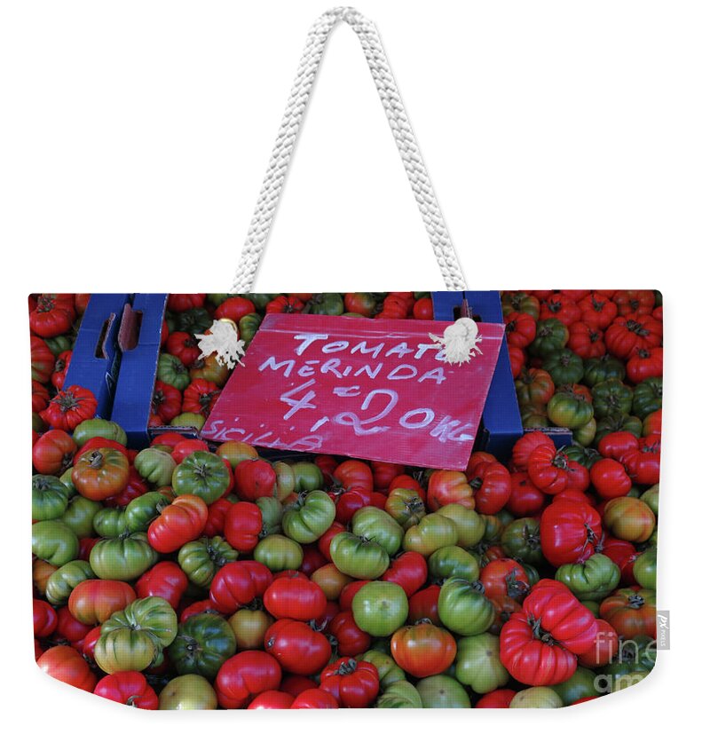 Heirloom Tomatoes Weekender Tote Bag featuring the photograph Tomatoes by Terri Brewster