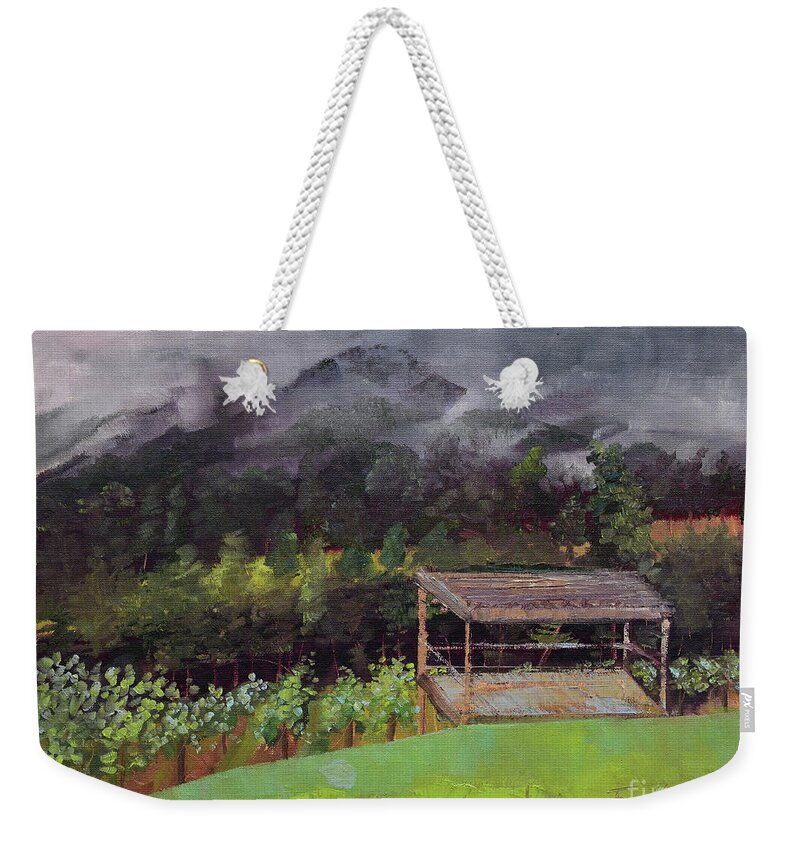 Touch The Clouds Weekender Tote Bag featuring the painting Touch the Clouds - at Ott Farms and Vineyard by Jan Dappen