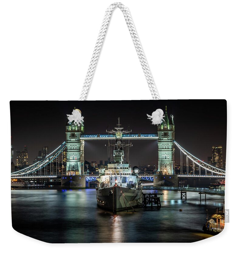 London Weekender Tote Bag featuring the photograph Tower Bridge and HMS Belfast by Framing Places
