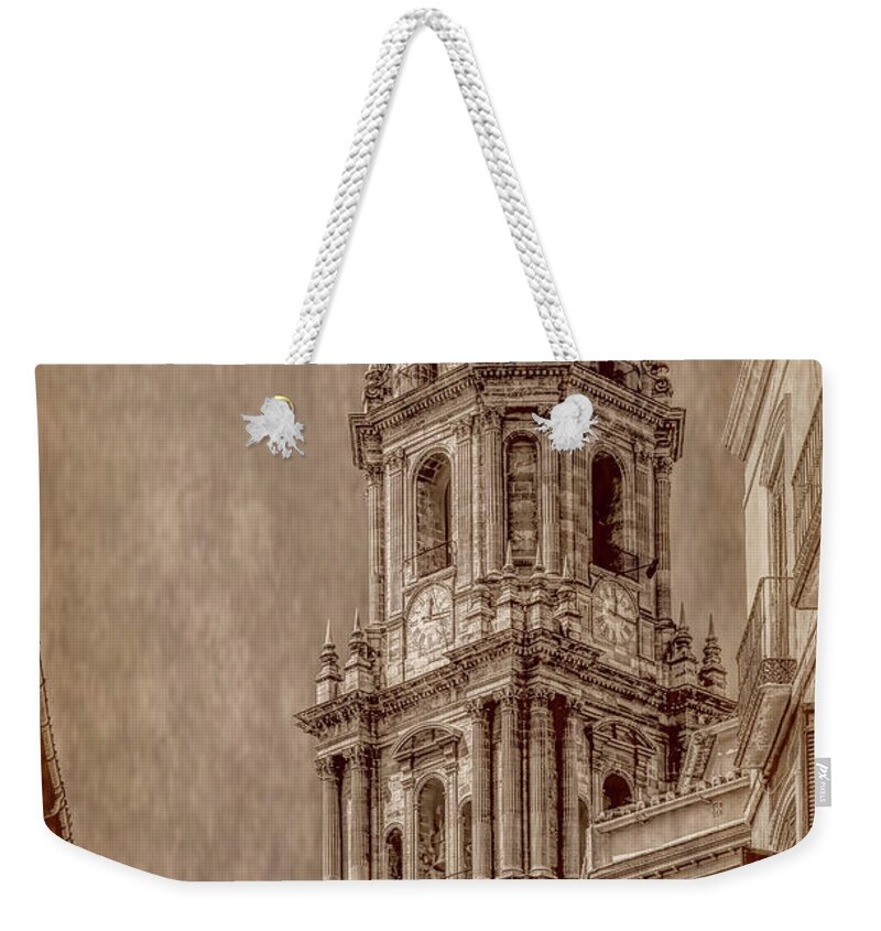 Cathedral Of Malaga Weekender Tote Bag featuring the photograph Towering Above Malaga, Sepia Vertical by Marcy Wielfaert