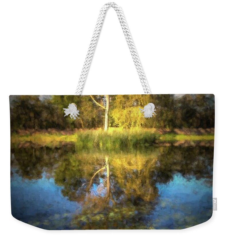 Nature Weekender Tote Bag featuring the digital art Trees and pond by Patricia Hofmeester