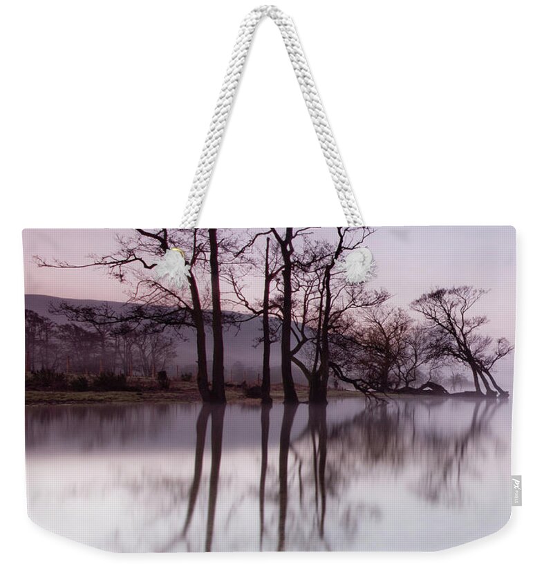 Landscape Weekender Tote Bag featuring the photograph Trees in the Mist on Lake Ullswater by Anita Nicholson