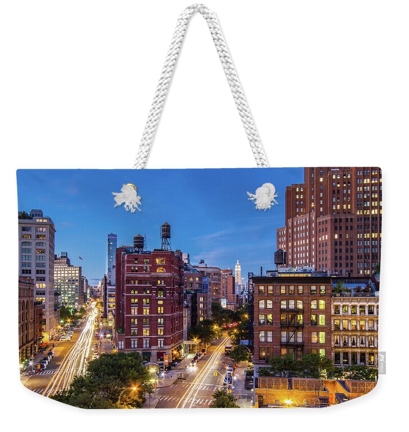 Land Vehicle Weekender Tote Bag featuring the photograph Tribeca Franklin Street & West Broadway by Ryan D. Budhu