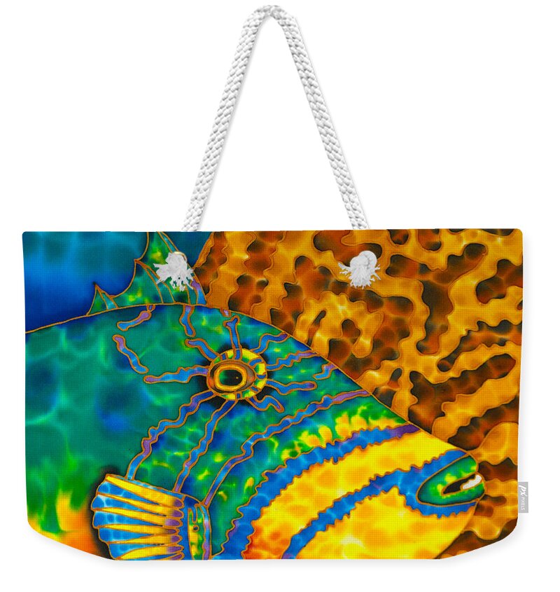 Diving Weekender Tote Bag featuring the painting Triggerfish and Brain Coral by Daniel Jean-Baptiste