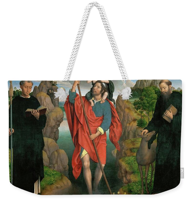 Child Jesus Weekender Tote Bag featuring the painting Triptych of Saint Christophe, 1484 Center Saint Christopher carrying the Christ Child. by Hans Memling -c 1433-1494-