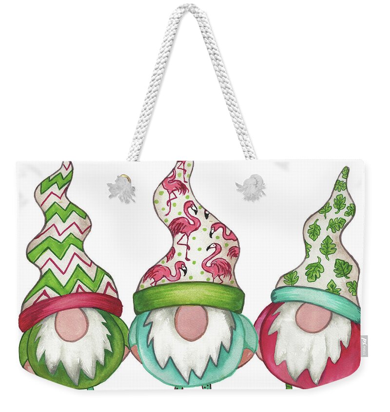 Gnomes Weekender Tote Bag featuring the mixed media Tropical Gnomes by Elizabeth Medley