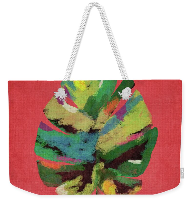 Tropical Weekender Tote Bag featuring the painting Tropical Palm Leaf Red- Art by Linda Woods by Linda Woods