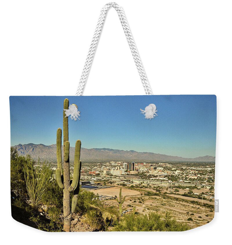 Tucson Weekender Tote Bag featuring the photograph Tucson Skyline and Saguaro Cactus by Chance Kafka