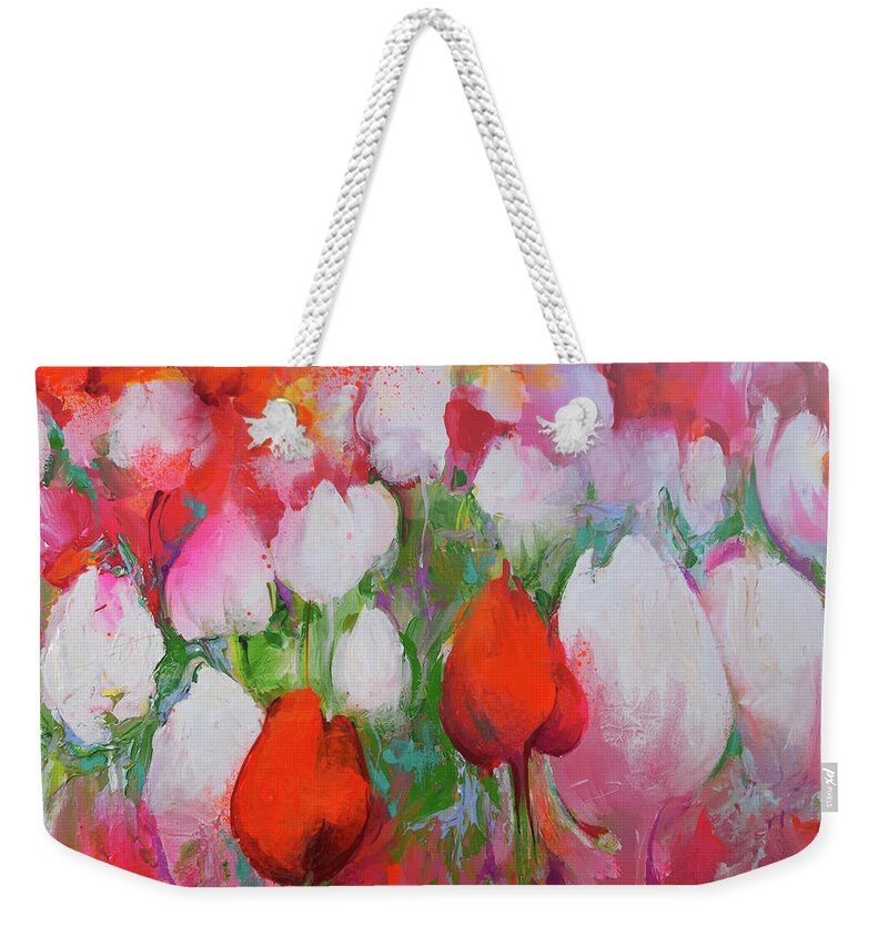 Tulip Weekender Tote Bag featuring the painting Tulips field Original Impressionist Abstract Painting on Canvas Art Print by Soos Roxana Gabriela by Soos Roxana Gabriela