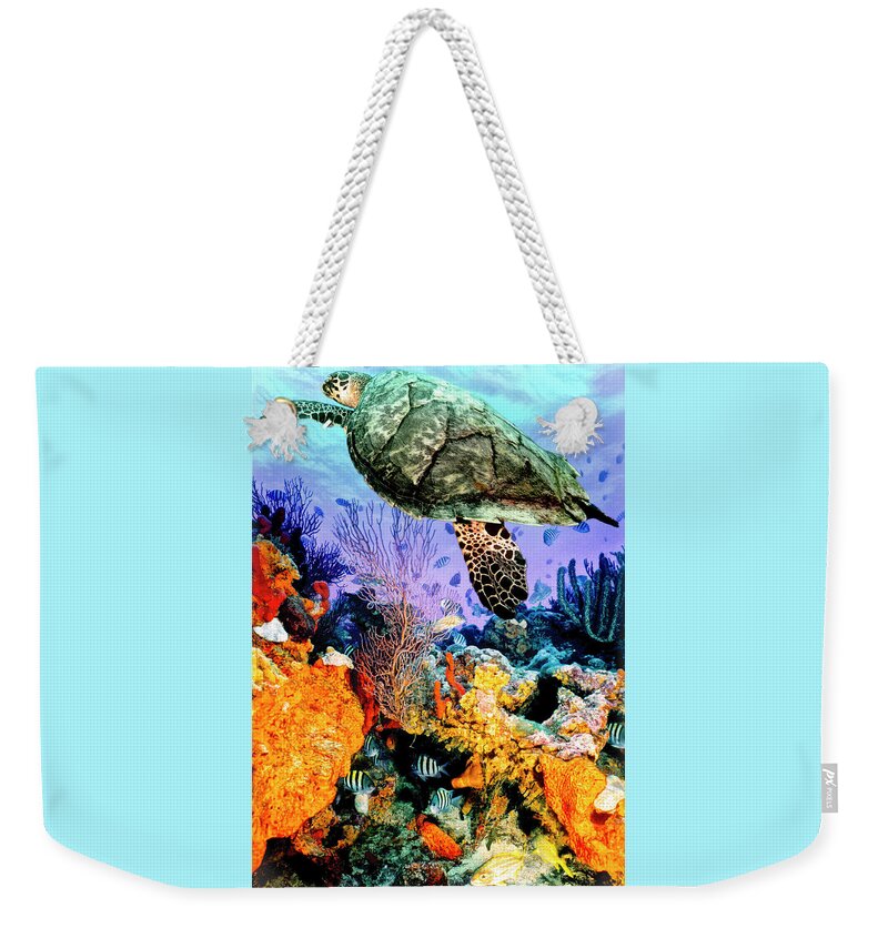 Cove Weekender Tote Bag featuring the photograph Turtle at the Reef Deep Colors by Debra and Dave Vanderlaan