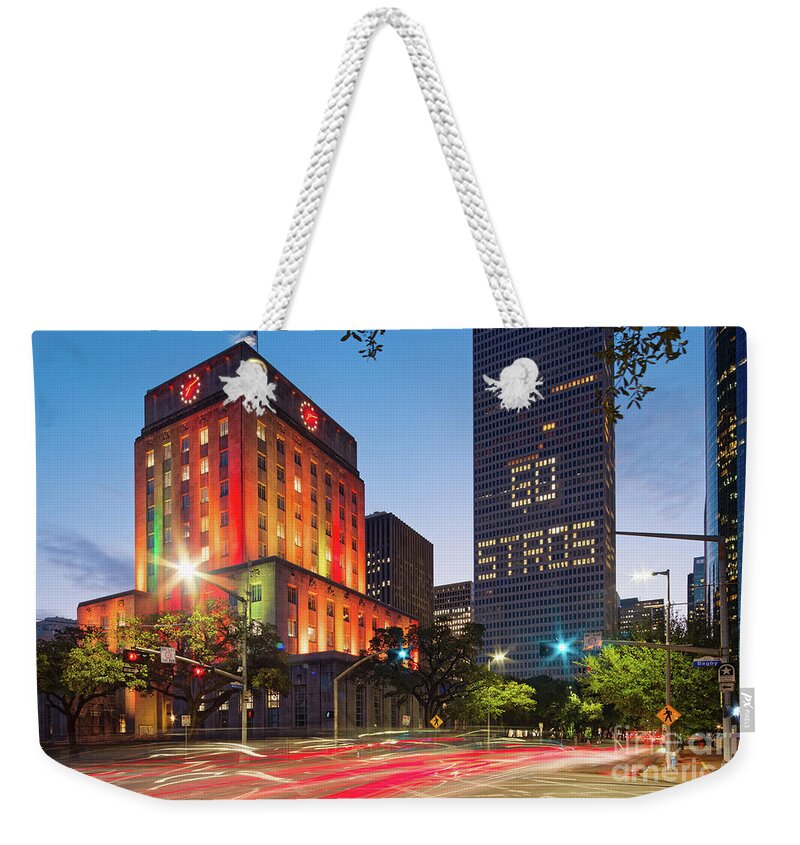 Downtown Weekender Tote Bag featuring the photograph Twilight Photograph of Houston City Hall Astros Baseball World Series 2017 - Downtown Houston by Silvio Ligutti