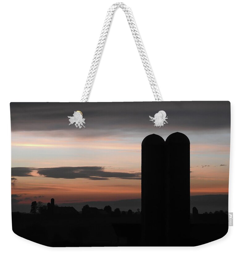 Pink Clouds Weekender Tote Bag featuring the photograph Twilight Silos by Tana Reiff