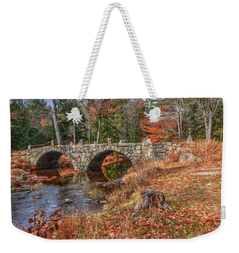 Jones Stone Arch Bridge Weekender Tote Bag featuring the photograph Twin Arch Stone Bridge by Steve Brown