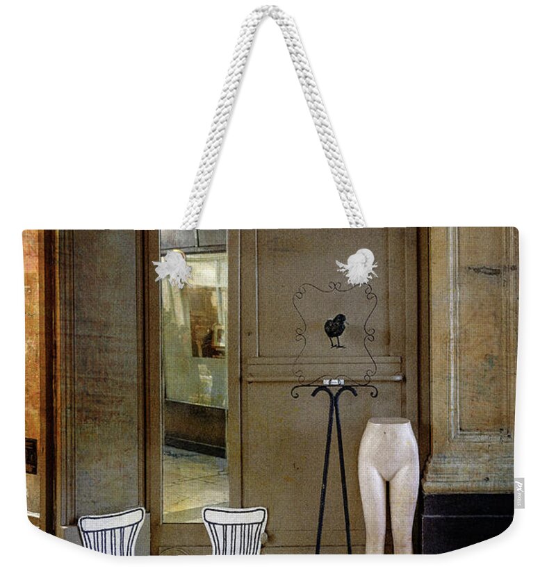 Aib_2018 # 1675 Weekender Tote Bag featuring the photograph Two Chairs, A Black Bird and Half A Nude by Craig J Satterlee