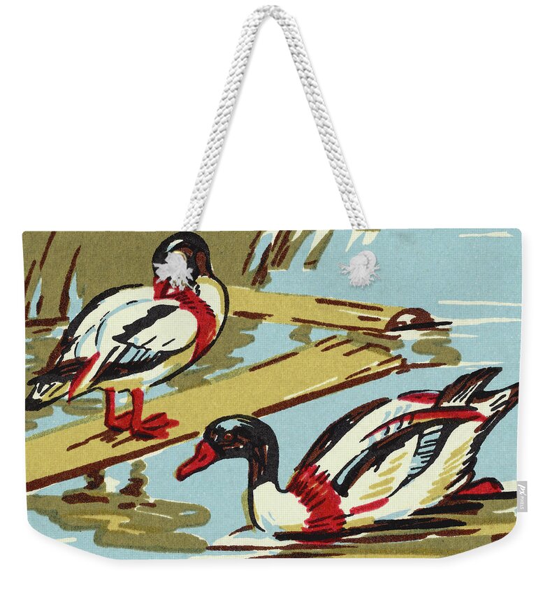 Animal Weekender Tote Bag featuring the drawing Two Ducks on a Pond by CSA Images